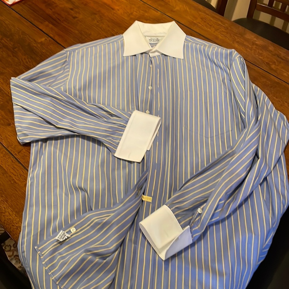 Dress shirt, 17 neck, custom fabric, blue w/ yellow stripes, spread collar.